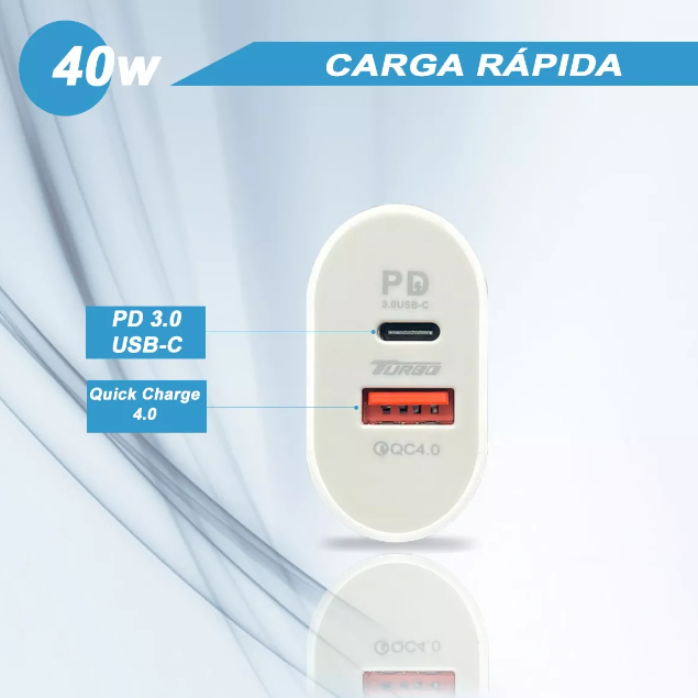 Carregador Completo Gold Pro 40W TURBO Power Saída USB e Tipo-C e ChipSmart no cabo USB