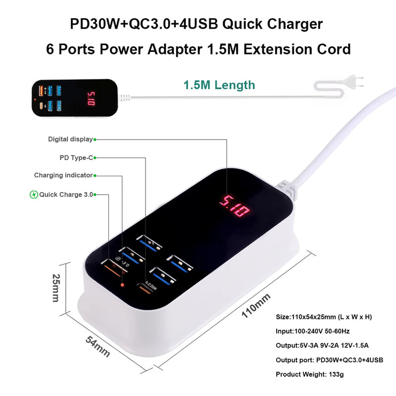 Carregador USB múltiplo para celular, PD 30W com tipo C