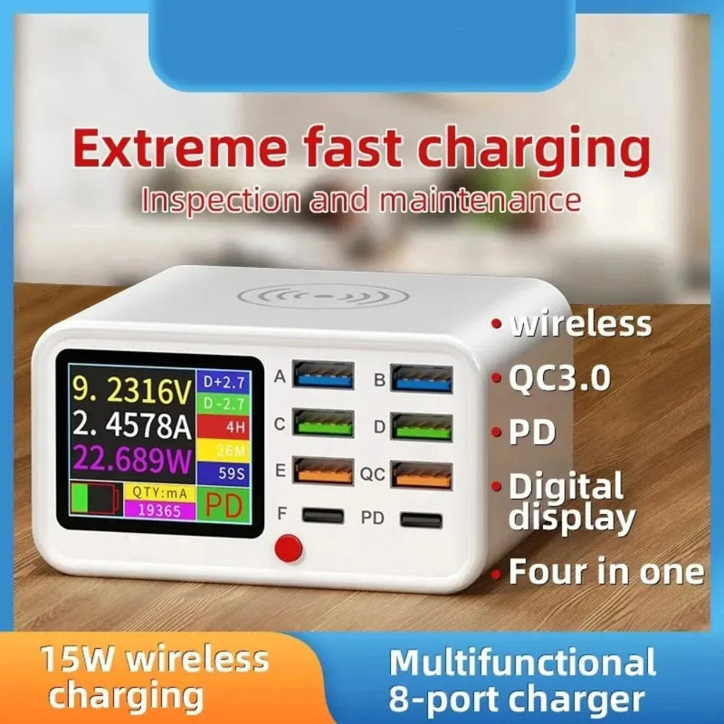 USB Charge Multi Funcional, 8 Portas USB com Detector de Corrente Visual