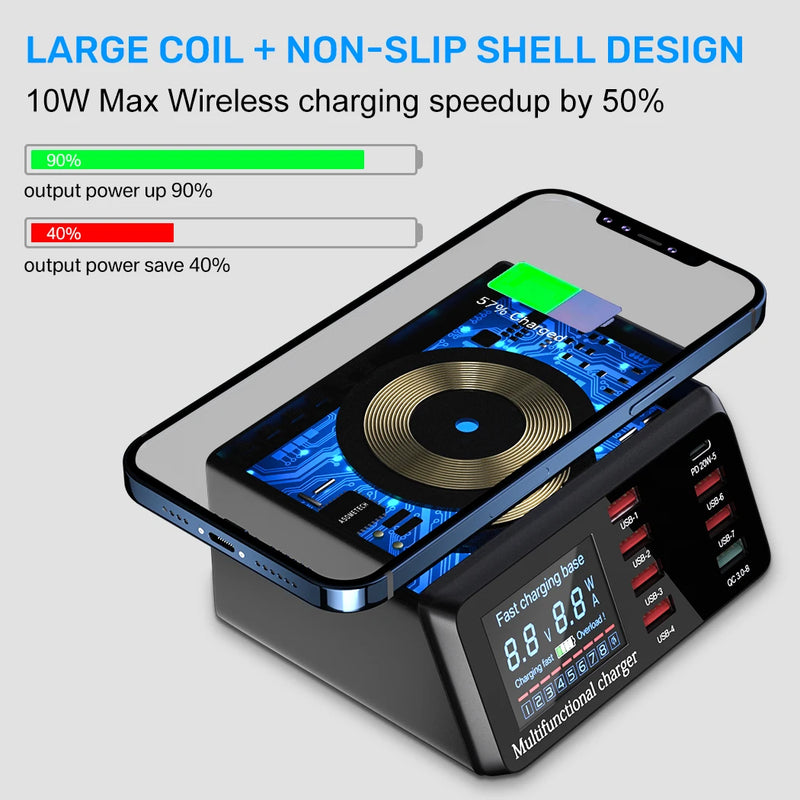 Estação de carregador Asometech-USB com carregamento rápido QC3.0 PD sem fio e display digital LED para iPhone 14, 13, 12, 8 Port, 100W