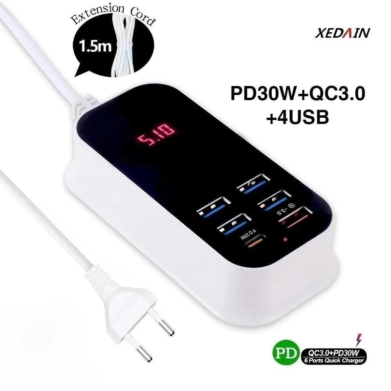 Carregador USB múltiplo para celular, PD 30W com tipo C