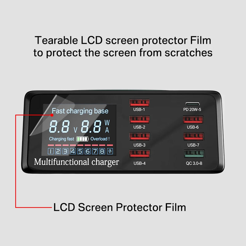 Estação de carregador Asometech-USB com carregamento rápido QC3.0 PD sem fio e display digital LED para iPhone 14, 13, 12, 8 Port, 100W