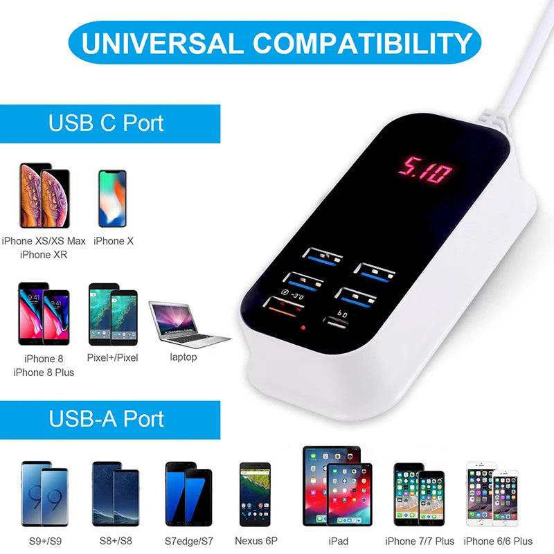 Carregador USB múltiplo para celular, PD 30W com tipo C