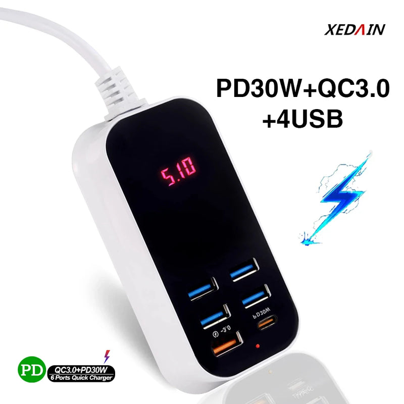 Carregador USB múltiplo para celular, PD 30W com tipo C