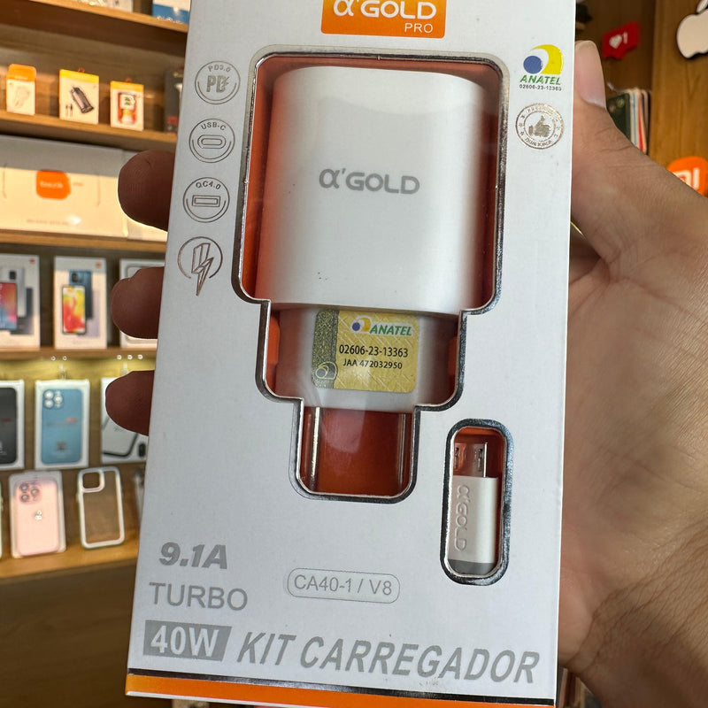 Carregador Completo Gold Pro 40W TURBO Power Saída USB e Tipo-C e ChipSmart no cabo USB